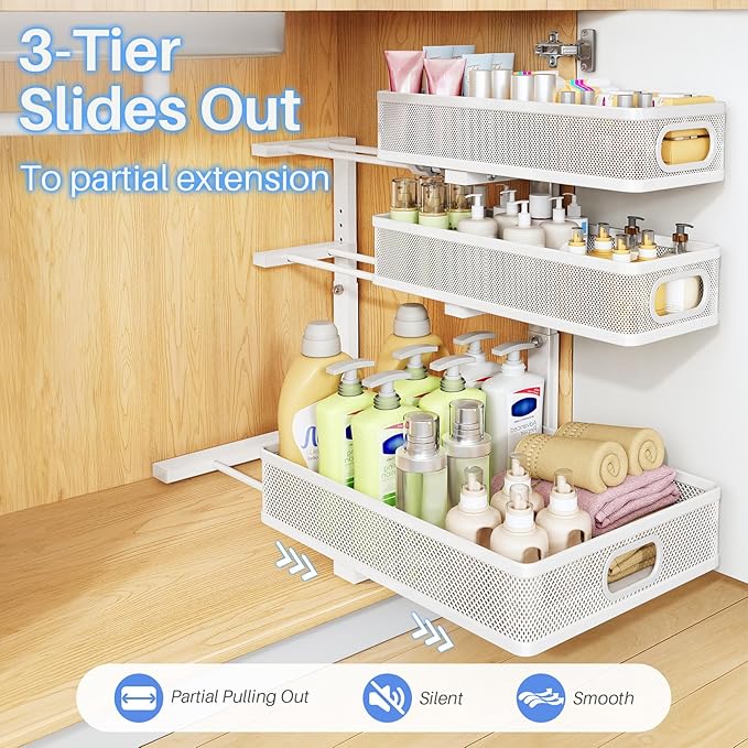 HERJOY Under Sink Organizer, 2-Pack 3-Tier Height Adjustable Thickened Metal Pull out Cabinet Organizer Shelf, Slide out Storage Drawer Rack for Bathroom Kitchen Pantry Home Laundry Organization White