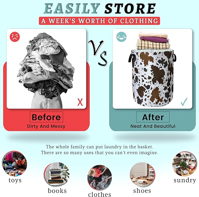 Cows Skin Brown Print Laundry Basket Foldable With Handles Tote Bag Oxford Cloth Animal Funny Laundry Hamper Clothes Storage Bucket Toy Organizer 18.9" x16.5" For Bathroom/Laundry/Bedroom