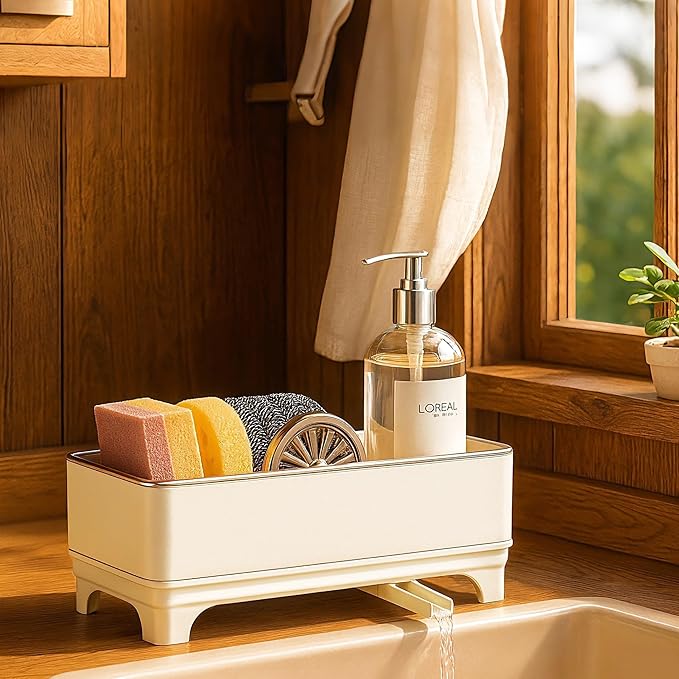 Sponge Holder for Kitchen Sink – Rustproof Stainless Steel, 360° Rotating Drain Pipe, Large Counter Organizer with Drip Tray for Sponges, Brushes & Dish Cloths Off-white