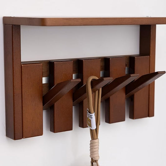 Wooden Coat Rack Wall Mount with Shelf, Heavy Duty Entryway Organizer with 8 Hooks,Coat Hooks Hanger for Coats, Hats, Bags & Towels, Walnut Wall Hanger for Hallway, Bedroom, Kitchen (4 Hooks)