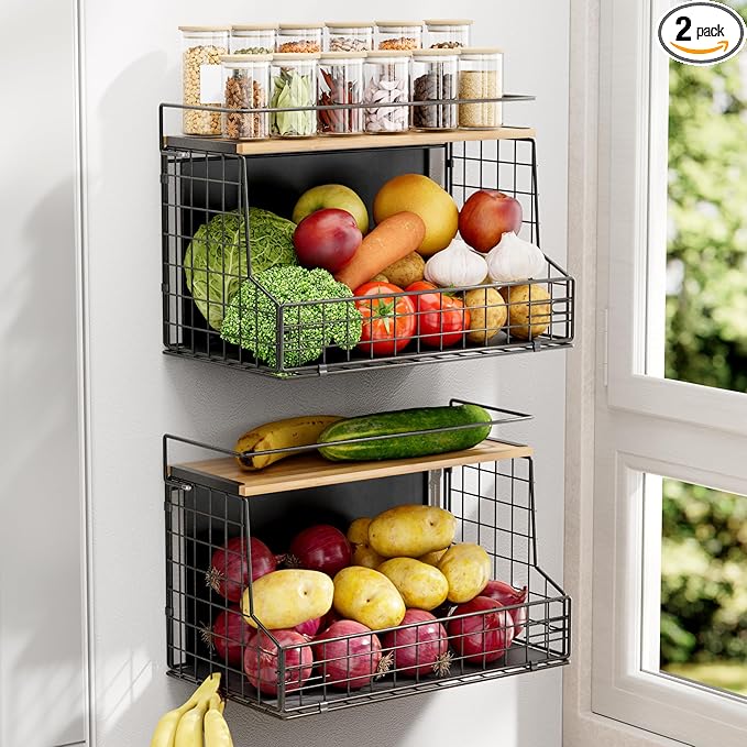 Magnetic Shelf for Fridge 2 Pack, Large Container Magnetic Spice Rack for Refrigerator, Fruit Potato and Onion Storage Bins, Magnetic Basket with Wood Lid, Kitchen Counter, Cabinet