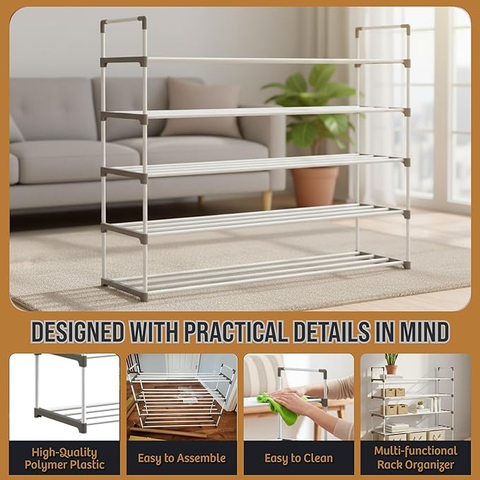 Home-Complete Shoe Rack – 5-Tier Shoe Organizer for Closet, Bathroom, Entryway – Shelf Holds 25 Pairs of Sneakers, Heels, and Boots (White)