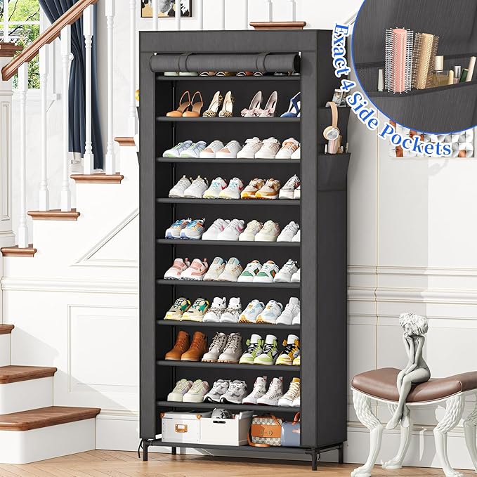 Simple Trending Tall Shoe Rack Organizer Holds 40 Pairs, 10 Tier Large Capacity Shoe Cabinet Storage with Cover for Closet, Black