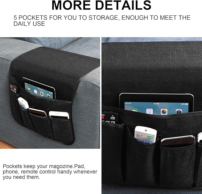 Sofa Armrest Organizer Non-Slip Remote Control Holders for Recliner Couch Chair Armchair Caddy with 5 Pockets for Table,Cell Phone,Ipad,Magazines,Books (13x35In, Black)