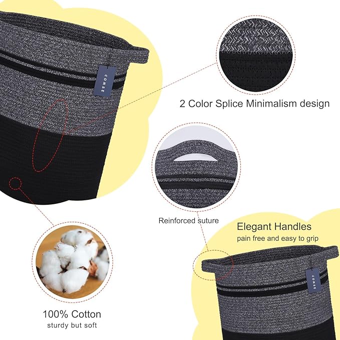 COMSE Extra Large Blanket Basket, Tall Laundry Basket, Nursery Hamper, 15.7âx 21.7â, Cotton Rope Woven Laundry Hamper for Storage Toys Clothes Towels, Black