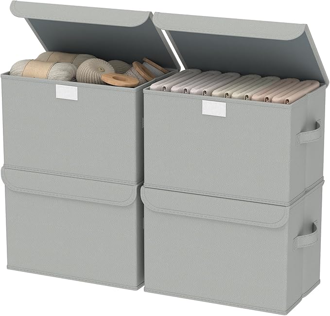 Foldable Storage Bin, Cube Organizer Basket with Flip-Top Lid and 2 Handles, Decorative Boxes for Shelves with Cover for Clothes, Towels, Blanket, 4 Pack, Grey, 13 x 9 x 7.9 In, XSNY12GM-4