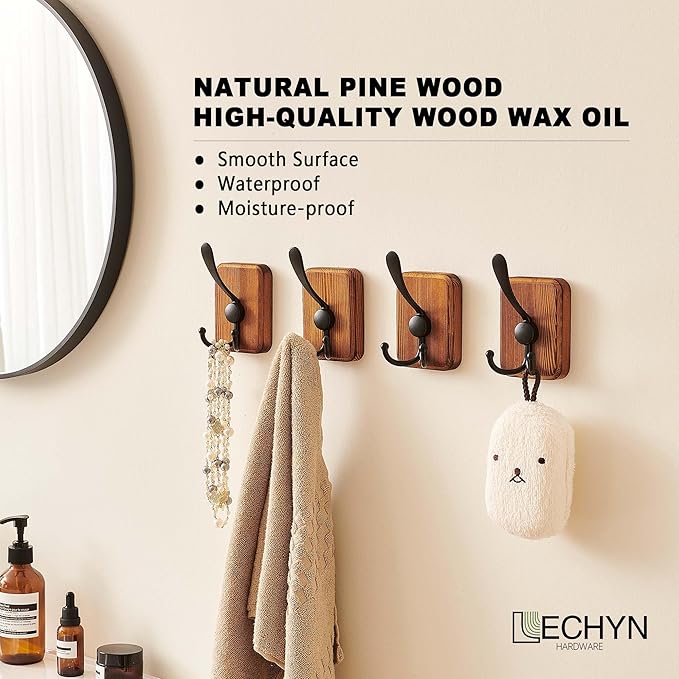 4 Pack Rustic Coat Hooks Wall Mount, Farmhouse Towel Hooks for Bathrooms, Heavy Duty Adhesive Mounted & Drill Mount Decorative Wood Wall Hooks for Hanging Towel Robe Backpack (Brown)