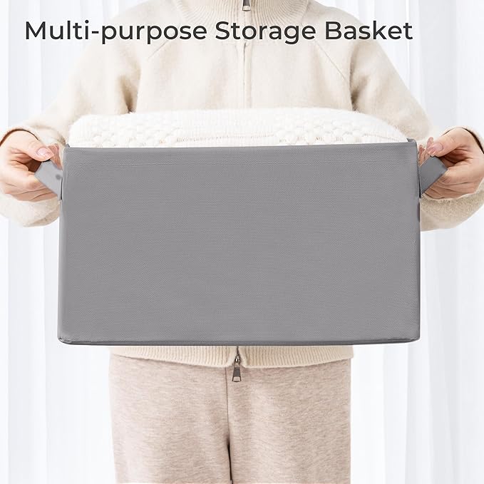 Storage Basket Bins with Metal Frame, Large Collapsible Fabric Storage Baskets for Organizing Shelf, Basket Organizer W/Handles for Blankets, Towels, Laundry, Shelves, 9-Pack, Grey