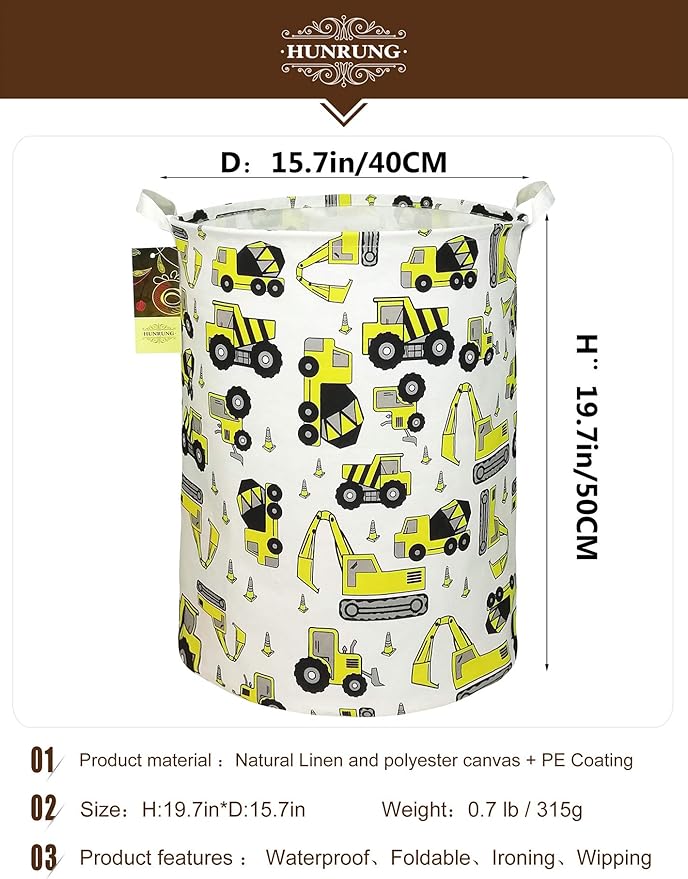 HUNRUNG Laundry Hamper,Large Canvas Fabric Lightweight Storage Basket Toy Organizer Dirty Clothes Collapsible Waterproof for College Dorms, Children Bedroom,Bathroomï¼Round Engineeringï¼