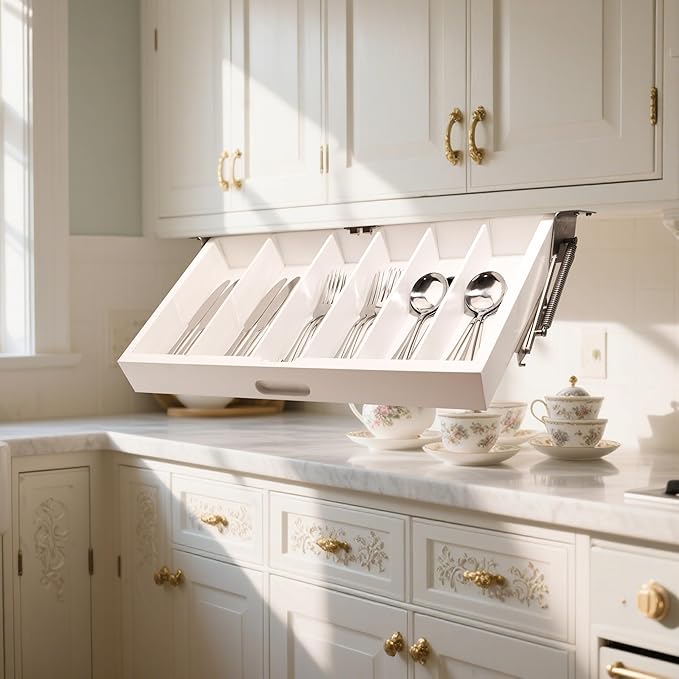 Pull Down Silverware Rack, Under Cabinet Kitchen Storage Organizer, Counter RV Space Shelf (Silverware rack)