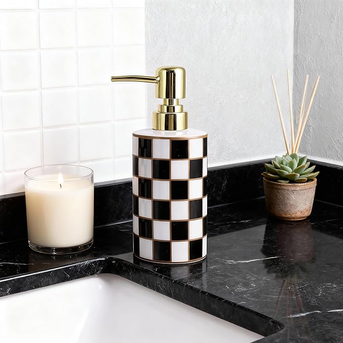 Checkered Bathroom Soap Dispenser,Gold Pump Ceramic Soap Dispenser,Kitchen Checkerboard Empty Pump Bottle,Bath Countertop Storage Organizer,Checkered Bathroom Decor (Black)