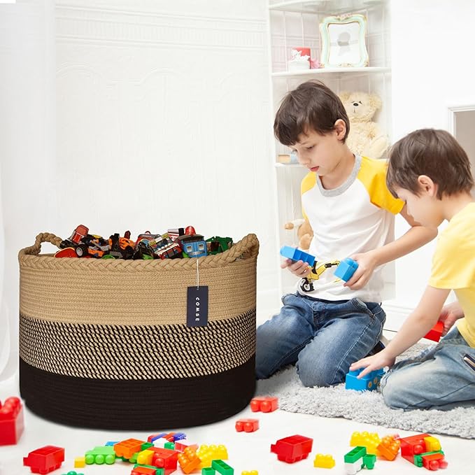 COMSE Extra Large Blanket Basket, Woven Laundry Basket, 21.7âx 13.8â, Nursery Hamper, Cotton Rope Laundry Hamper Living Room for Storage Toys Clothes Towels (Brown & Black)