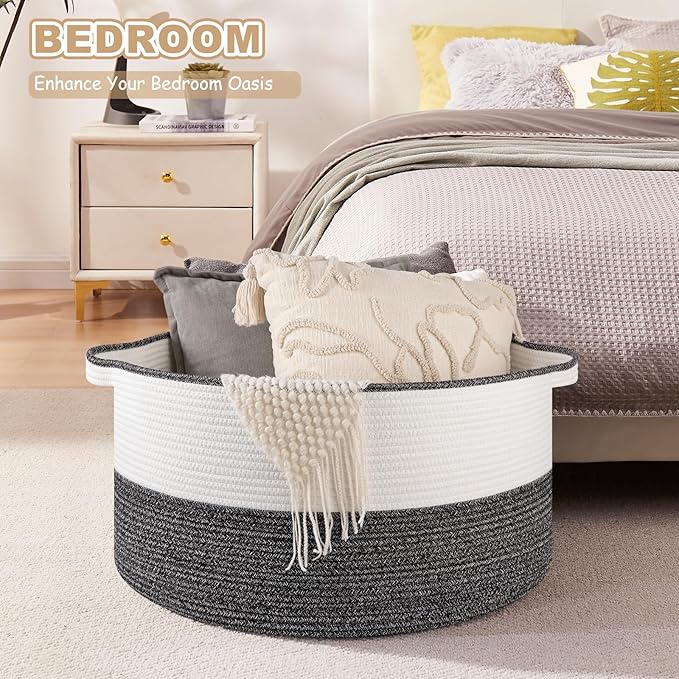 Large Blanket Basket with Handles, 22.8" x 22.8" x 13" Woven Storage Basket for Living Room, Cotton Rope Baby Toy Storage for Clothes, Pillows, Towels-Black & White
