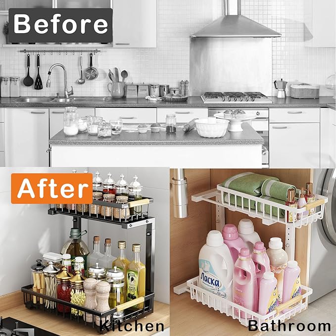 2 Pack Under Sink Organizer Cabinet for Kitchen Bathroom, 2 Tier Metal Slide Out Under Sink Drawers, Adjustable Height, Under Sink Pull Out Organizers and Storage, Black, 13.7" H-17 H