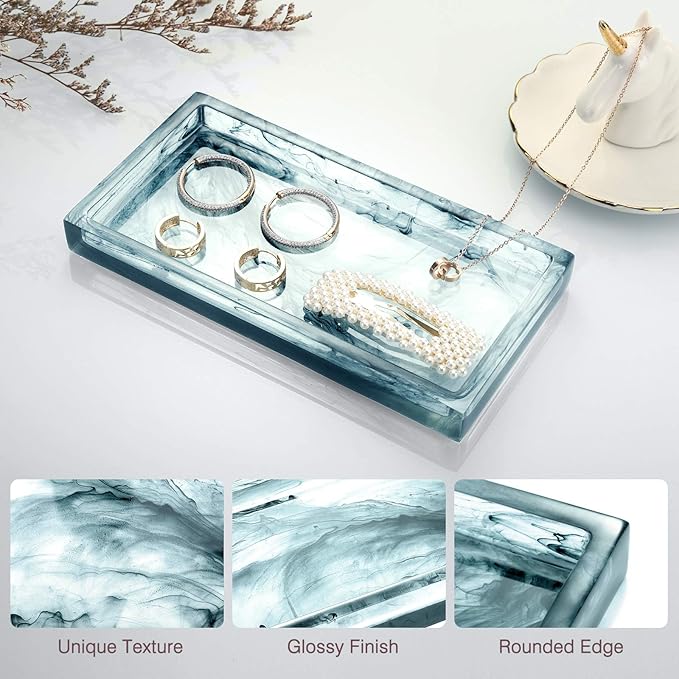 Emibele Jewelry Organizer Resin Tray, Bathroom Kitchen Dresser Vanity Organizer for Jewelry Cosmetic Shower Tissue Candle Perfume Soap Towel Shampoo Small Plant Decoration, Mini Size, Ink Blue