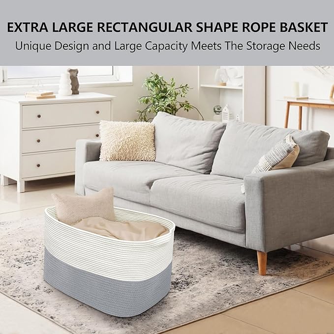 XXXXL Blanket Basket, 25" x 16" x 16"(108L) Rectangle Basket for Blankets Living Room, Extra Large Wicker Woven Blanket Pillow Storage Bin, Soft Kids Dog Toy Box Storage Bin Organizer