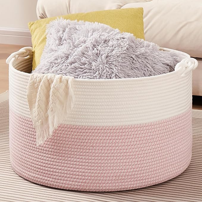 Large Blanket Storage Basket for Living Room, 22.8" x 22.8" x 13" Woven Cotton Rope Basket with Handles, Baby Toy Storage, Laundry Hamper for Clothes, Pillows, Towels-Pink and White