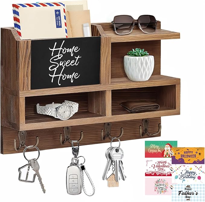 Key Holder Wall Mount, Wooden Mail and Key Organizer with Chalkboard and Mirror, 3 Greeting Cards, 8 Hooks, Brown, Type 2