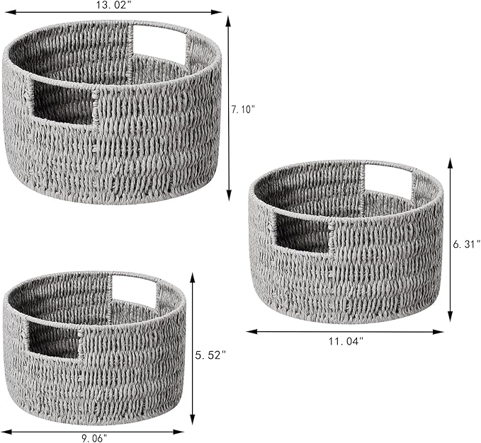 Vagusicc Wicker Storage Basket, Hand-Woven Paper Rope Large Round Woven Basket With Handles, Wicker Baskets for Organizing/Storage, Grey, 3-Pack