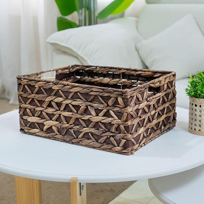 Rectangular Wicker Storage Basket with Iron Structure & Wood Accents, 15.75Ã11.42Ã7.09 Inches, Perfect for Home Organization