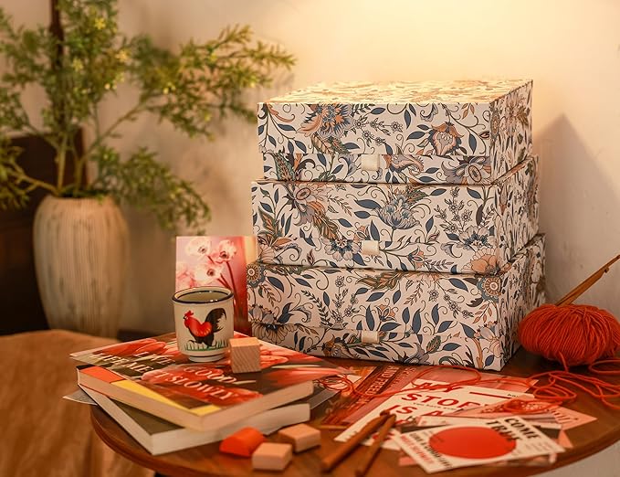 3-Piece Decorative Storage Boxes with Lids, Magnet and Ribbon, Plain White, Floral, Cardboard Paper Keepsake box Set, Photo Storage Box for Memory, Modern Stylish Home Decor