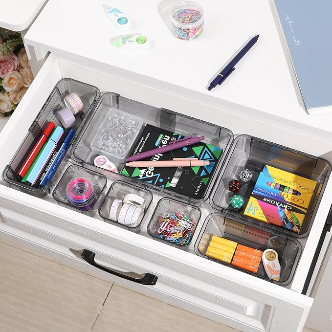 25 Pcs Clear Drawer Organizer, Adjustable Drawer Storage Box, 3-Size Desk Drawer Organizer, Acrylic Storage Bins for Makeup, Kitchen Utensils, Bedroom Dressers Tool Organizer for Gadgets, Black
