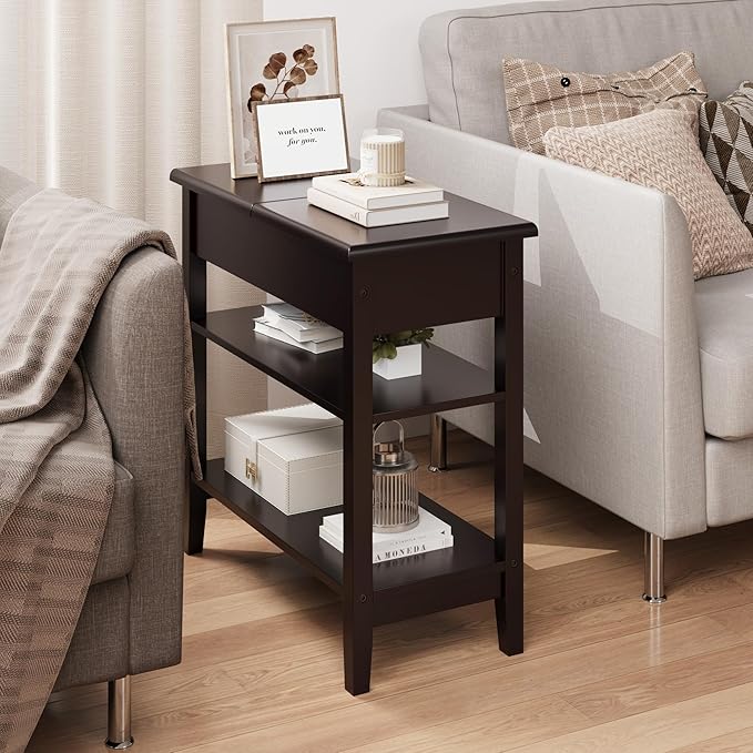 End Table, 3-Tier Flip Top Side Table, Narrow Nightstand with Storage Shelves, for Small Spaces, Living Room, Brown