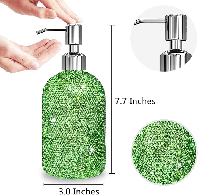 SlowVibes 18Oz Bling Green Soap Dispenser with Rust Proof Stainless Steel Pump,Refillable Liquid Hand Wash Bottle for Bathroom Kitchen,Sparkle Decorative Shower Dispenser,Rhinestone Lotion Dispenser