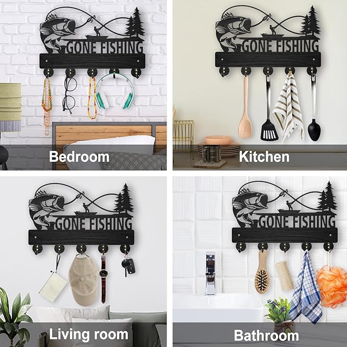 MAYJOYDIY Wood Fish Coat Rack, 5 Alloy Hooks, Wall Mounted, 11.8x8inch, Fishing Theme, Art Deco Style, Hallway Entryway Kitchen Gift