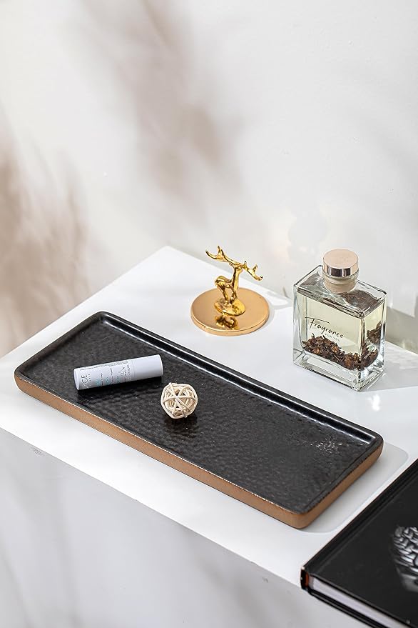 Vanity Tray with Brown Trim, Candle Tray, Bathroom Countertop Perfume Holder Organizer, Decorative for Dresser, Table, Countertop, Home dÃ©cor, Rectangular, Black, 12''Ã4.7''