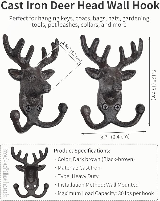 Rustic Deer Head Cast Iron Wall Hooks - Heavy Duty Decorative Coat Hooks Wall Mount for Hanging Key Hat Towel Leash, Vintage Animal Decor Hanger for Farmhouse Cottage Entryway Mudroom 2 Pack
