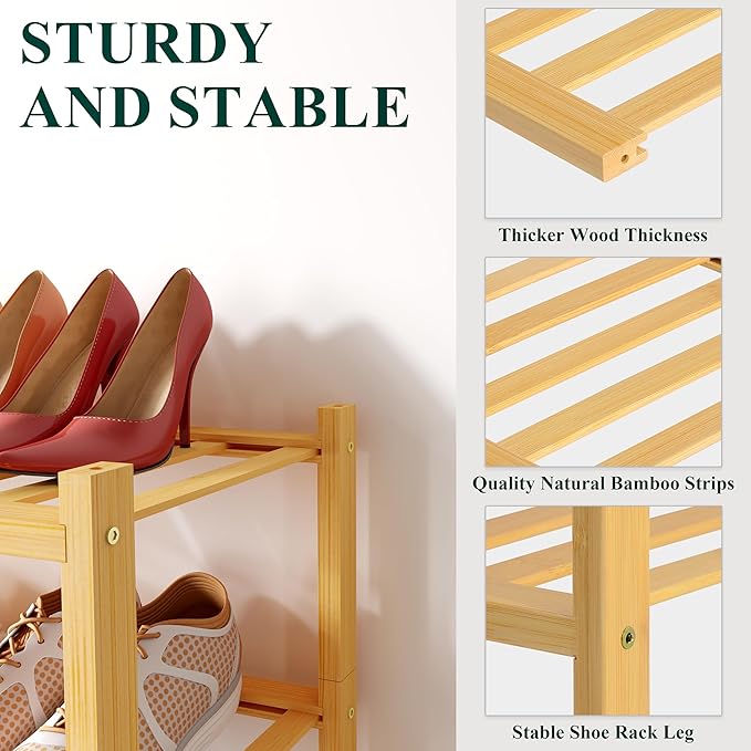 Smiry Shoe Rack, 5 Tier Small Bamboo Shoe Organizer, Stackable Free Standing Wooden Shoe Storage Shelf for Closet, Entryway, Front Door Entrance, Natural