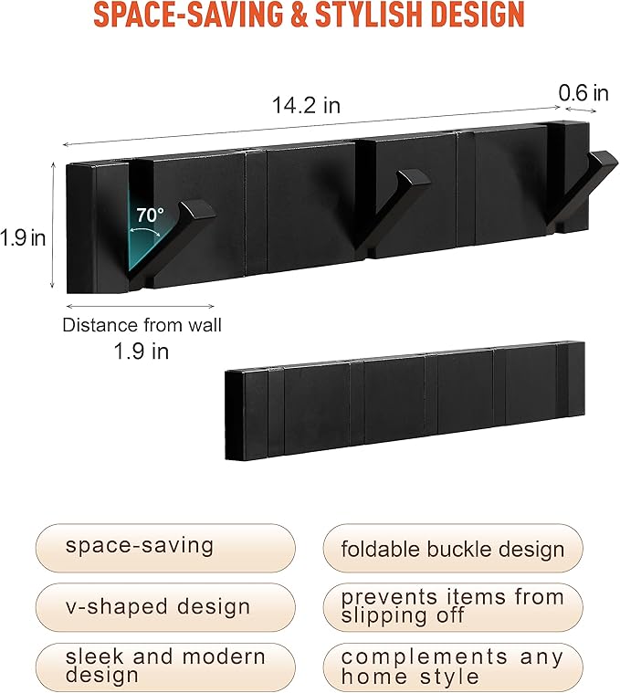 Waterproof Black Wall Hooks - 2 Pack Modern Foldable Towel Hooks for Bathrooms, Coat Hooks Wall Mounted - Stylish, Durable, and Easy to Install