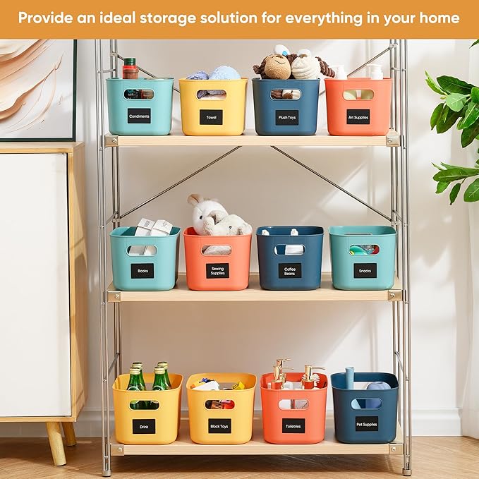 Plastic Storage Bins with Lid, Stackable Storage Containers for Organizing, Decorative Storage Baskets for Shelves Living Room Playroom Classroom Office (Small (8 PCS))