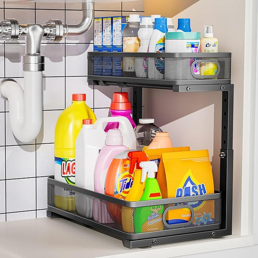 Under Sink Organizer, Height Adjustable 2 Tier Under Sink Organizers and Storage, Slide Out Metal Cabinet Organizers, Pull Out Sink Storage Drawer Shelf for Kitchen Bathroom Cabinet, Black, 1 Pack