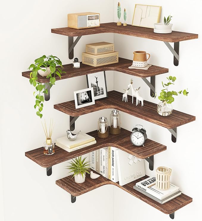 Fixwal Floating Shelves for Wall, Rustic Wood Wall Mounted Corner Shelf for Bathroom, Kitchen, Bedroom, Home Decor, Laundry Room, Living Room, Set of 5 (Dark Carbonized Black)