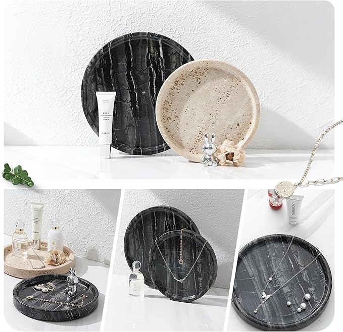 Natural Marble Tray, Round Black Tray for Bedroom/Bathroom/Kitchen/Vanity Countertop, Jewelry Tray for Rings Earrings Necklace Bracelet Watch, Room Decor Aesthetic