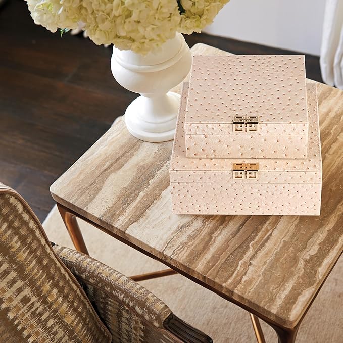 HofferRuffer Square Decorative Boxes, Set of 2 Nesting Storage Memory Keepsake Boxes with Lids, Stylish PU Leather Trinket Jewelry Organizer Box for Home Decor and Storage (CreamWhite Ostrich)