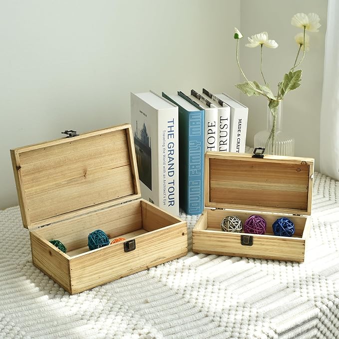 Decorative Storage Boxes with Hinged Lid, 2 Pcs Memory Box for Keepsakes, Wooden Treasure Chest Box, Large Vintage Craft Box Trunk Basket for Men, Kids, Jewelry, (Linen Lid, White)
