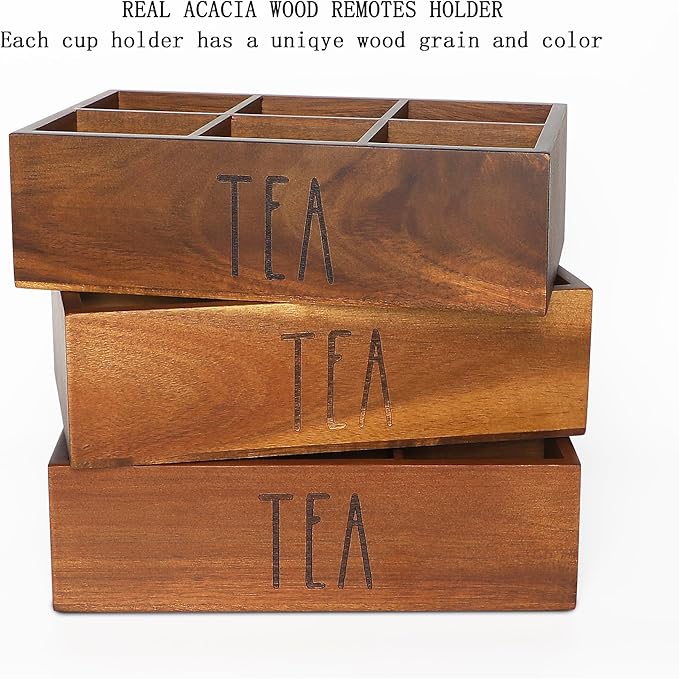 Tea Bag Organizer,Acacia Wood Tea Storage Containers with 6 Compartments, Sugar Packet Holder,Tea Bag Caddy Box for Cabinet Countertop Office (Brown- Labeled TEA)