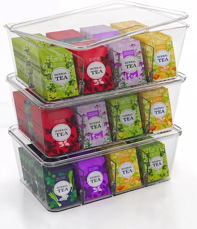 Utopia Home Tea Bag Organizer Set with Lids – 3 Pack Stackable Clear Plastic Storage Bins for Pantry, Cabinet & Fridge – Ideal for Tea, Snacks & Spice Organization
