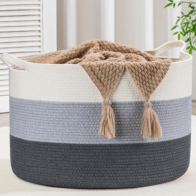 XXXLarge Woven Cotton Rope Basket (21.7" x 13.8") 90L – Blanket Basket for Living Room, Laundry Hamper, Baby Laundry Hamper, Toy Storage, Pillows & Cushions Organizer (White & Blue)