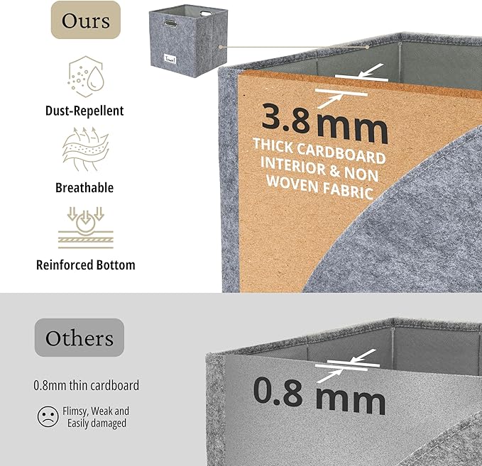 DECOMOMO Felt Storage Bins 13x15x13 Storage Cube Bins with Labels, Baskets for Organizing Shelves (Kallax / 3pcs, Dark Grey)