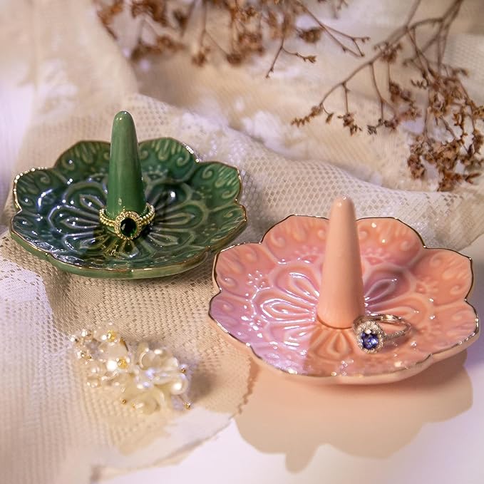 HOMEGOAL Ceramic Ring Holder Dish for Jewelry, Decorative Mandala Jewelry Tray for Rings Earrings Necklaces Watch Keys, Aesthetic Room Decor, Birthday Engagement Wedding Gifts for Women (Pink)