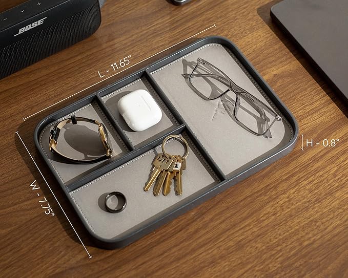 MUUJEE Leather Catchall Multitray (Design 2) - 11.65 x 7.75 x 0.8, Mountain Design Embossed Minimalist Wallet Tray for Men, Thoughtful Husband Gift, Desk EDC Organizer for Watch Keys Glasses, Gray