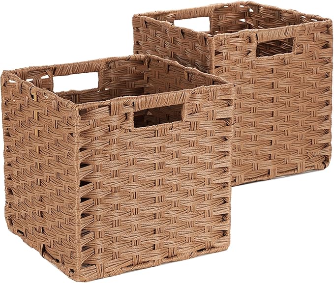 DULLEMELO Wicker Storage Baskets 11x11 Storage Cube Bins Foldable Plastic Cubby Baskets for Shelves Set of 2 Waterproof Woven Storage Bins for Organizing Pantry,Closet,Toys - Brown