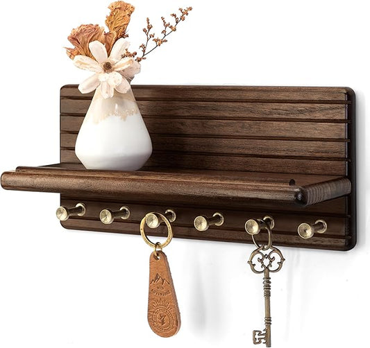 Rebee Vision Acacia Wood Key Holder Wall Mount - Farmhouse Key Holder for Wall with 6 Hooks & Floating Shelf - Apartment Essentials for Home Decor Living Room (Black Walnut)