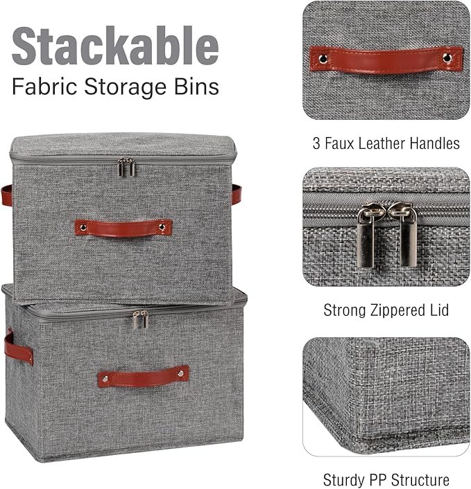 Storage Bin Box with Zippered Lid Cotton Linen Fabric Decorative Basket with PU Leather Handles PP Plastic Board Foldable Lidded Clothing Shelf Closet Organizer Container (Gray, Large)
