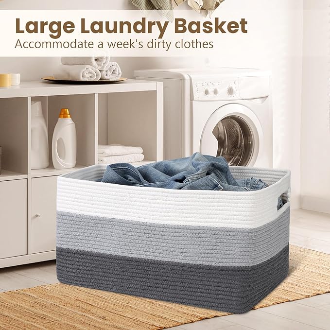 95L Large Blanket Basket, Woven Storage Baskets with Reinforced Handles, Rope Laundry Basket for Living Room, Bedroom, Nursery, Toys, Clothes, Pillows, 24â x 17â x 13.5â, White & Grey