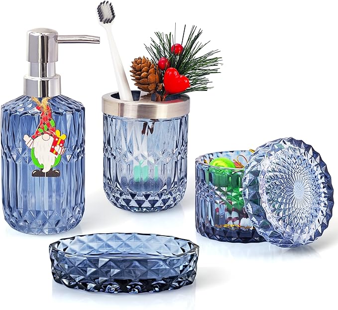 Blue Bathroom Accessories Set, 4Pcs Clear Glass Bathroom Decor Set, Lotion Soap Dispenser, Toothbrush Holder, Qtips Holder, Soap Dish for Crystal Modern Bath Decor, Gift Set